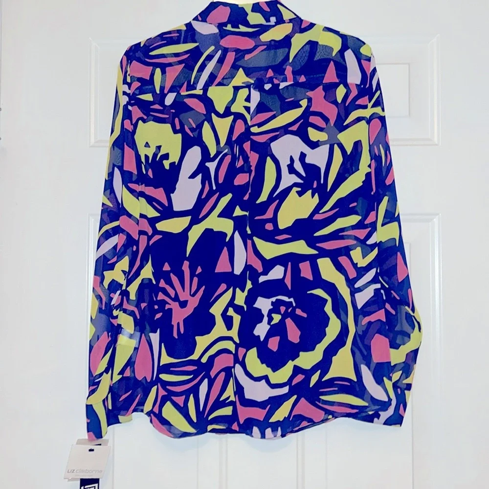 Liz Claiborne Button Up Sheer Abstract Cami Set L NWT Colorful Artsy Neon Bold